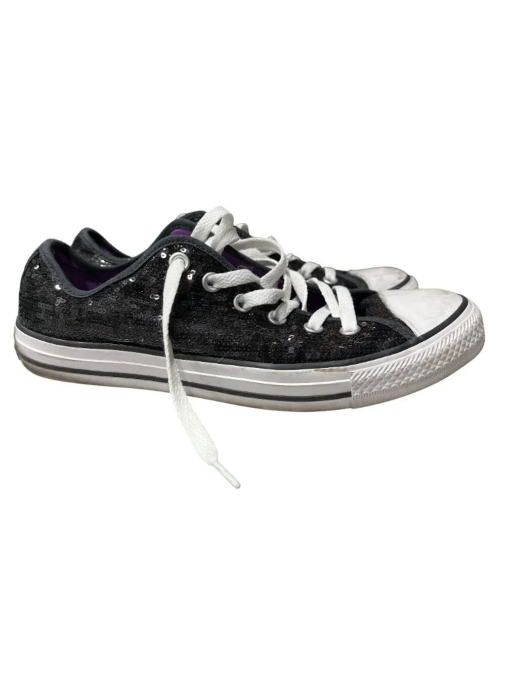 Converse Chuck Taylor All Star Low Top Sneakers Black Sequin Canvas Lace-Up Size - Picture 3 of 8